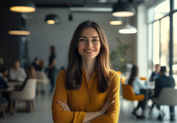 Canvas Print - a smiling business woman standing in the middle of an office with other employees sitting at tables and facing camera