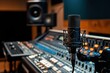© Rattadet - A close-up of a microphone positioned in front of a professional audio mixing console in a modern recording studio.