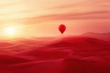 Poster - Red Hot Air Balloon Ascending Over Crimson Desert Dunes