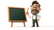 © Who is Santi - A 3D cartoon teacher character at a chalkboard, holding a piece of chalk and smiling warmly, on a white background