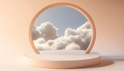 Wall Mural - round ivory podium with a circular mirror reflecting a soft white cloud