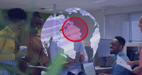 Sticker - Digital globe animation over diverse business team collaborating in modern office