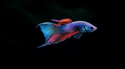 Graceful Betta Fish in Rainbow Colors Swimming with Extended Fins in Soft Illumination on Dark Background