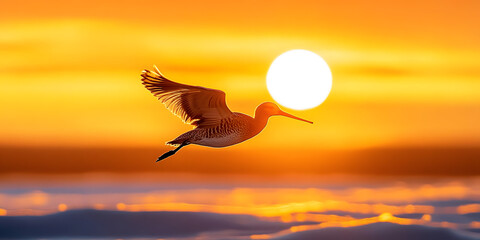 Wall Mural - Against an orange sunset, a Bar-tailed Godwit takes to the skies, its sleek body starkly defined, feathers rustling to the wind's whispers as it spans the vast, golden tundra.