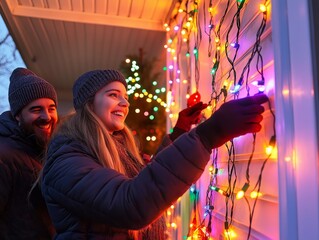 Wall Mural - Family hanging Christmas lights on the exterior of their house, teamwork and joy