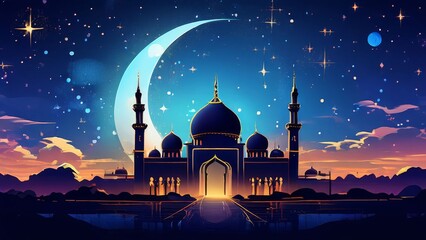 Wall Mural - A beautiful mosque illuminated by the crescent moon and stars, with a reflection of the mosque in the water.