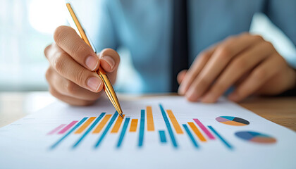 A business professional analyzes graphs and charts, using a pen to highlight data insights for effective decision making.