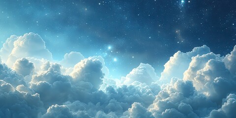 Wall Mural - Beautiful bright sky full of fluffy white clouds illuminated by the soft glow of the sun, with twinkling stars in the background creating a serene and peaceful atmosphere perfect for celestial natural