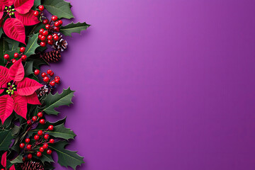 Festive arrangement of red poinsettia flowers and holly leaves on a vibrant purple background, perfect for holiday designs.