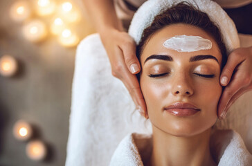 Wall Mural - A woman in her late thirties receiving a facial treatment at a spa, with professional hands applying face cream on the forehead of another person lying down wearing a white robe and with eyes closed