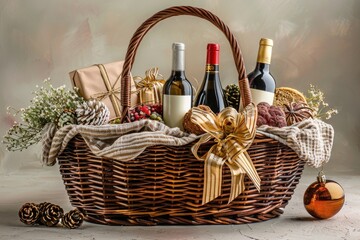 A basket filled with wine bottles and other items