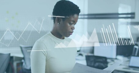 Poster - Analyzing documents, businesswoman with data charts and graphs animation over office background