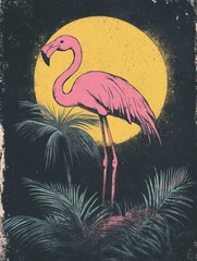 Wall Mural - A pink flamingo standing in front of a large yellow sun with palm trees in the background. The image has a grunge effect.