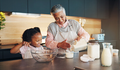 Canvas Print - Baking, kid and helping grandmother with preparation for cookies, dessert and childhood development. Flour, baker woman and girl bonding in kitchen with teaching cake recipe, support and education