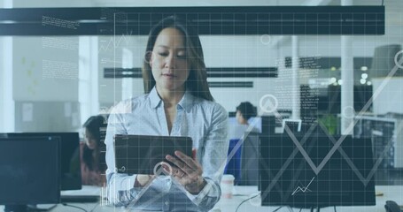 Poster - Analyzing data on tablet, woman in office with financial graphs animation