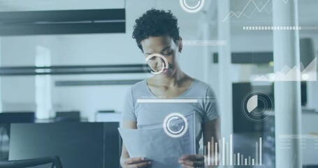Poster - Analyzing documents, businesswoman with data visualization animation over office background