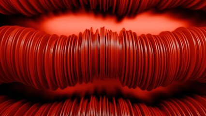 Aufkleber - Abstract rows of red round discs slowly moving like snakes. Design. 3D columns of flat round discs.