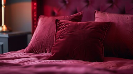 Canvas Print - A close up of a bed with plush red pillows and bedding.