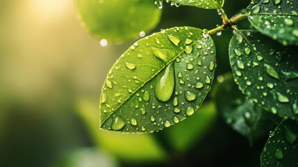 Tiny dewdrops sparkle on a fresh green leaf in the morning sun.  Raindrops on the same leaf create a beautiful pattern.  Nature is peaceful and full of beauty.  The colors are calming and soft.