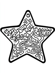 Canvas Print - A black and white illustration of a star with a mountain range and river inside.