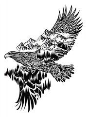 Sticker - A black and white illustration of an eagle flying with mountains in its wings.