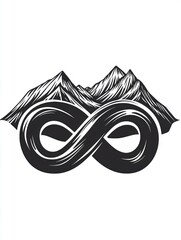 Sticker - A black and white illustration of a mountain range nestled within an infinity symbol, representing the enduring beauty and cyclical nature of the natural world.