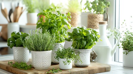 Wall Mural - A collection of potted herbs on a wooden cutting board in a kitchen setting.