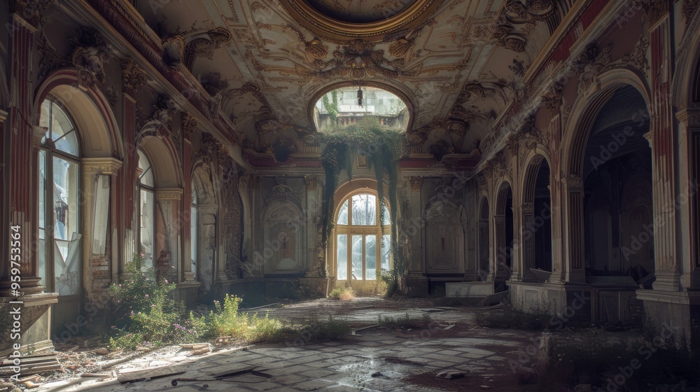 An overgrown abandoned hall features an arched doorway, intricate ...