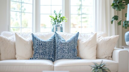 Canvas Print - A white couch with blue and white patterned pillows in a living room setting.