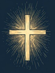 Sticker - A simple wooden cross with a glowing golden halo on a dark blue background.