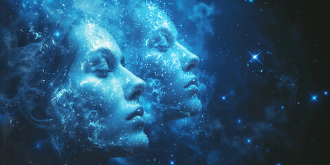 Wall Mural - Gemini people with face close-up, east zodiac horoscope constellation symbol, blue fiery neon background.