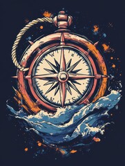 Wall Mural - A vintage compass with a rope tied around it, set against a backdrop of ocean waves and a dark blue background.