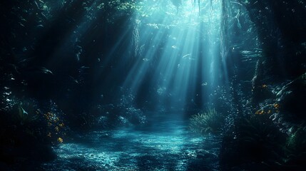 Wall Mural - Mysterious sunlight beams illuminate underwater forest in enchanting aqua scene