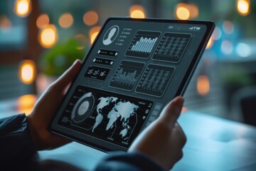 Hands holding a digital tablet displaying data analytics and world map visuals in a modern, illuminated environment.