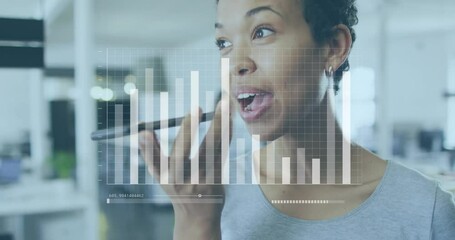 Poster - Speaking into smartphone, woman with bar graphs and data processing animation