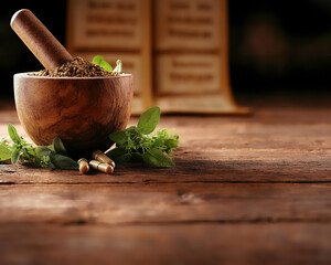 Wall Mural - A rustic mortar filled with herbs, showcasing natural ingredients and traditional cooking methods on a wooden surface.