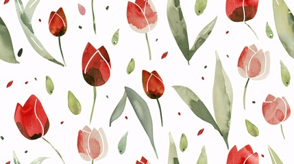 Wall Mural - Watercolor Red Tulips seamless pattern