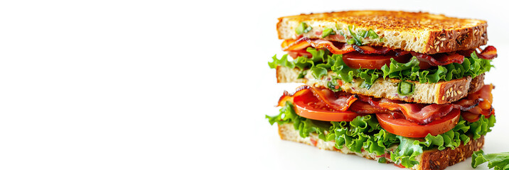 Wall Mural - Sandwich traditional bread tomato cheese and ham fried on white background isolate.