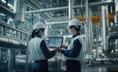 A high-tech factory with large pipes and stainless steel equipment, two Asian workers in white helmets stand next to a table holding clipboards and using tablets to monitor air quality