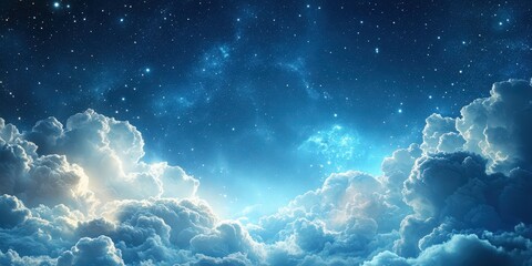 Wall Mural - Beautiful bright sky full of fluffy white clouds illuminated by the soft glow of the sun, with twinkling stars in the background creating a serene and peaceful atmosphere perfect for celestial natural