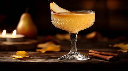 A sophisticated spiced pear martini in a crystal glass, garnished with a cinnamon stick and a thin pear slice, set on a rustic wooden table with scattered autumn leaves and warm candlelight,