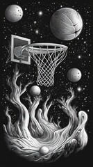 Wall Mural - a basketball hoop is placed in a surreal landscape of twisted branches and floating basketballs agai