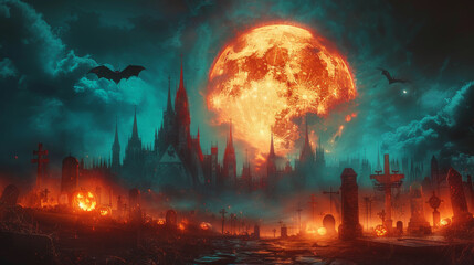 Wall Mural - Halloween night with a creepy cemetery, pumpkins, a scary forest, bats, a scary castle and a huge orange moon.