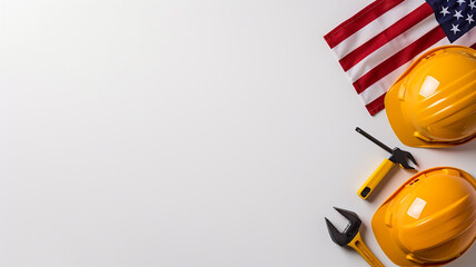 Wall Mural - Concept, happy Labor Day. The American flag features several building tools against a white background, along with text copy space.