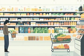 A person shopping in a grocery store filled with colorful products. Shelves display a variety of foods and drinks. The atmosphere is bright and welcoming. Generative AI