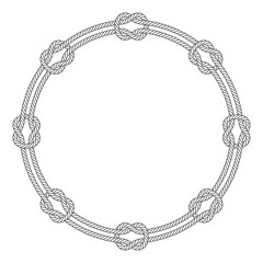 Wall Mural - Vector circle frame composed of two circles connected by knots formed by twisted ropes. Nautical circle frame. Isolated on white background