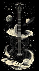 Wall Mural - a black and white illustration of a guitar with a galaxy in the background. the guitar is surrounded