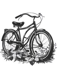 A vintage bicycle with a black frame and large tires, resting in a bed of leaves.