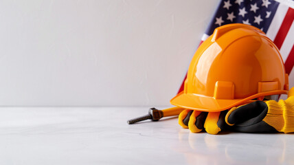 Wall Mural - Concept, happy Labor Day. The American flag features several building tools against a white background, along with text copy space.