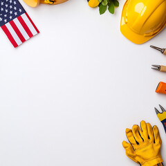 Wall Mural - Concept, happy Labor Day. The American flag features several building tools against a white background, along with text copy space.